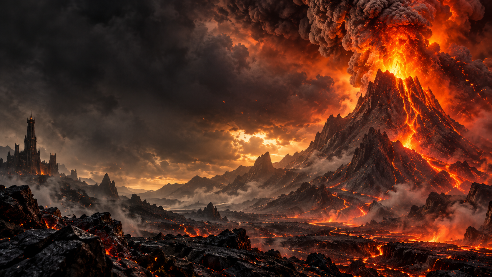 A towering black volcano erupts beneath a storm of ash, with lava illuminating a distant dark fortress.